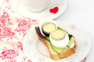 sandwich egg cucumber tea breakfast lunch dinner white background organic eco healthy life diet homemade food