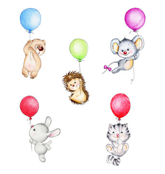 Set of cute animals flying on balloons