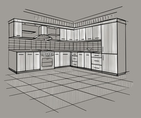Modern interior sketch of corner kitchen.