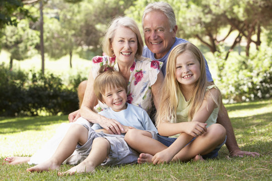 Grandparents And Grandchildren Sitting In Park Together