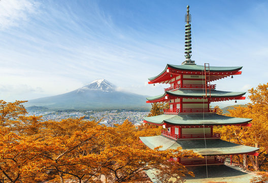 Mt. Fuji With Red Pagoda At Autumn Season In Japan