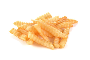 a pile of appetizing french fries on a white background