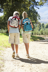 Teenage Couple Hiking Through Countryside Viewed From Back