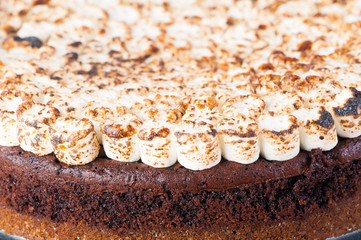freshly bake smores cake with toasted marshmallows on top