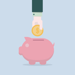 Business man 's hand with coin and Piggy bank icon for saving concept, EPS10 vector illustration
