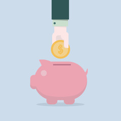 Business man 's hand with coin and Piggy bank icon for saving concept, EPS10 vector illustration
