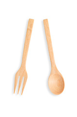 Wooden spoon and fork isolated on white