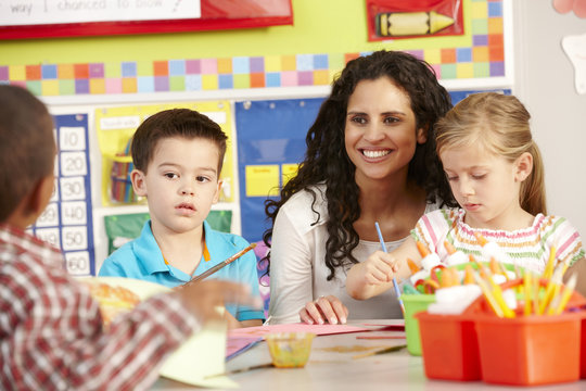 Group Of Elementary Age Schoolchildren In Art Class With Teacher