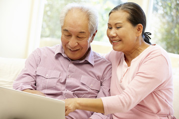 Senior Asian couple using laptop