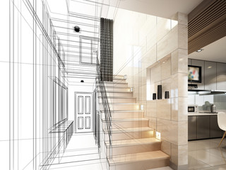 sketch design of stair hall ,3dwire frame render   