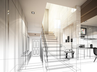 sketch design of stair hall ,3dwire frame render   