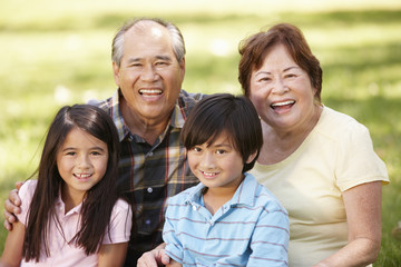 Portrait Asian grandparents and grandchildren in park