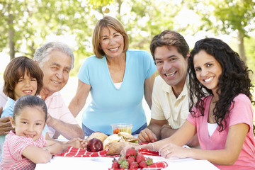 Three Generation Hispanic Couple Enjoying Picnic In Park