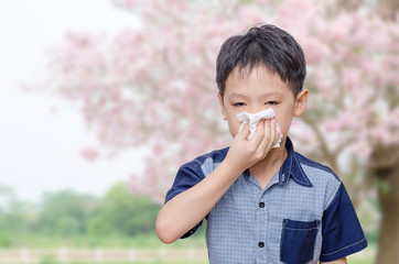 Little Asian boy has allergies from flower pollen