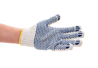 Protective glove with blue circles on hand.
