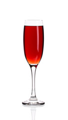 Close up of red champagne glass.