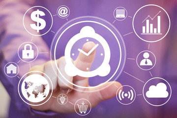 Businessman hand press clock time wev button.