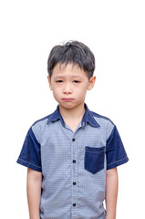 Little Asian boy crying over white background