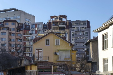 Fototapeta na wymiar A residential district of old, contemporary house and new construction together, Sofia, Bulgaria 