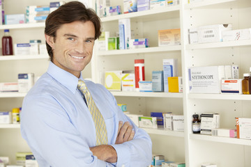 Fototapeta premium UK pharmacist working in pharmacy