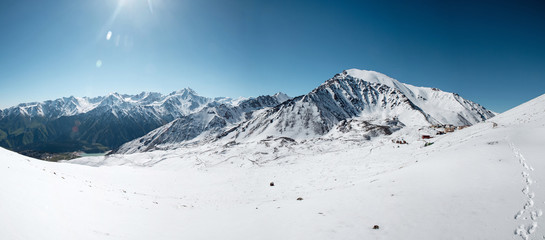 Panorama of Trans-Ili Alatau mountains. Top view from Big Almaty