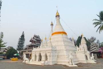 White pagoda in Wat Phra That Doi Gongmu landmark of Maehongson