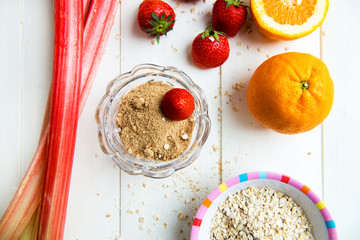 Rhubarb, Strawberries, Brown Soft Sugar, Porridge Oats, Orange