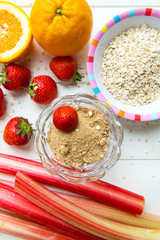 Rhubarb, Strawberries, Brown Soft Sugar, Porridge Oats, Orange