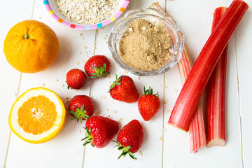 Rhubarb, Strawberries, Brown Soft Sugar, Porridge Oats, Orange