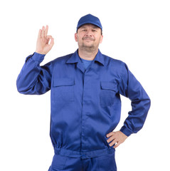 Worker with raised hand.