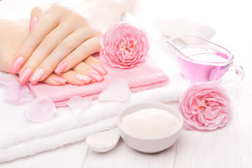 french manicure with essential oils, rose flowers. spa