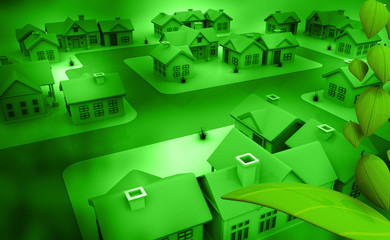 3d houses on green background .