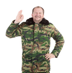 Camouflage winter jacket with black collar.