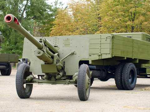 Soviet 76mm cannon gan ZiS3 and army truck ZiS5,(Ural).