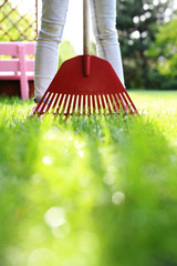 Pielęgnacja trawnika. Kobieta w zielonym  ogrodzie oparta i czerwone grabie © Robert Przybysz