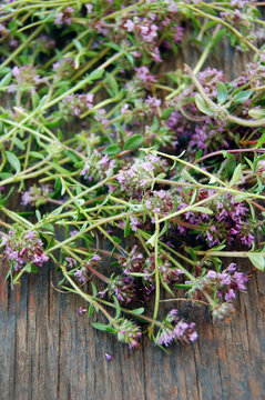 background of fresh thyme on wooden table