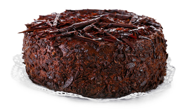 Tasty chocolate cake isolated on white