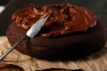 Tasty chocolate cake on table, close-up