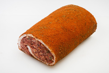 Raw pork Meat Loaf with spices on white