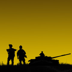 Fototapeta na wymiar Silhouette of military soldiers team or officer with weapons and