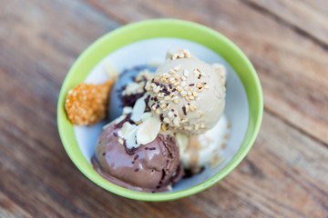 close up of ice cream in bowl on table