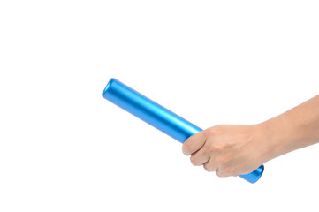 Thai man hand holding blue relay baton on white background.