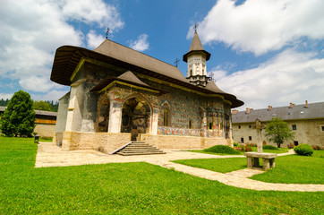 Fototapeta na wymiar Sucevița Monastery, in the village Sucevița, 18 km away from the city of Rădăuţi, Suceava County. 