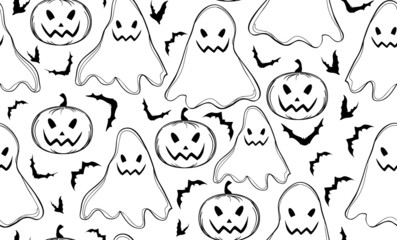 Halloween vector seamless pattern with ghosts and bats