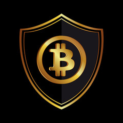 Golden bitcoin icon circle badge black-gray background. Vector