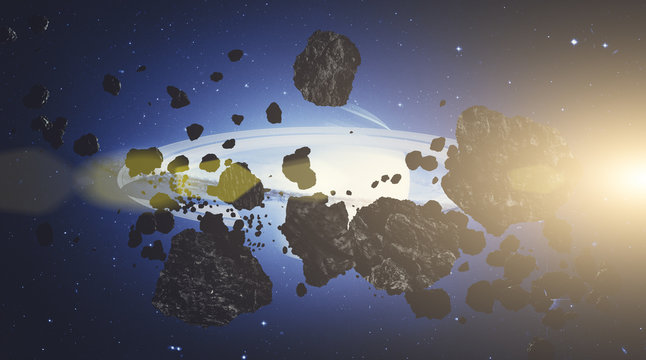 Asteroids with planet and starry background. Digital illustration.