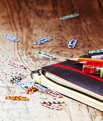 School supplies and office stationery: pens, pencils, notebooks,