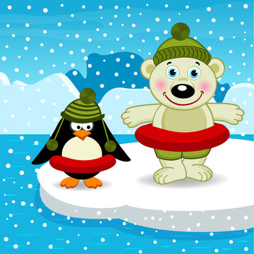polar bear and penguin go swimming - vector illustration, eps