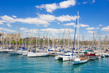 Obraz premium Sailboat harbor, beautiful sail yachts in the sea port, modern