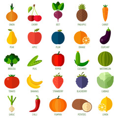 Colorful flat fruits and vegetables icons set. 